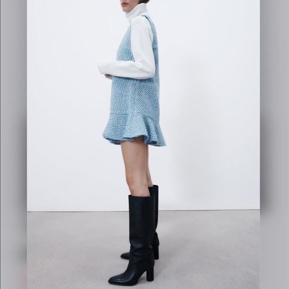 Zara Blue and White TEXTURED RUFFLED PINAFORE DRESS Size Extra Small XS - Picture 10 of 16